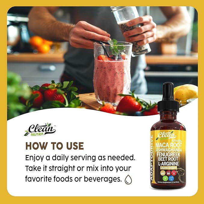 Organic Maca Root Liquid Drops with Ashwagandha, Fenugreek, Beet Root and L-Arginine Liquid Multivitamin for Women and Men - Adapto Drive by Clean Nutra