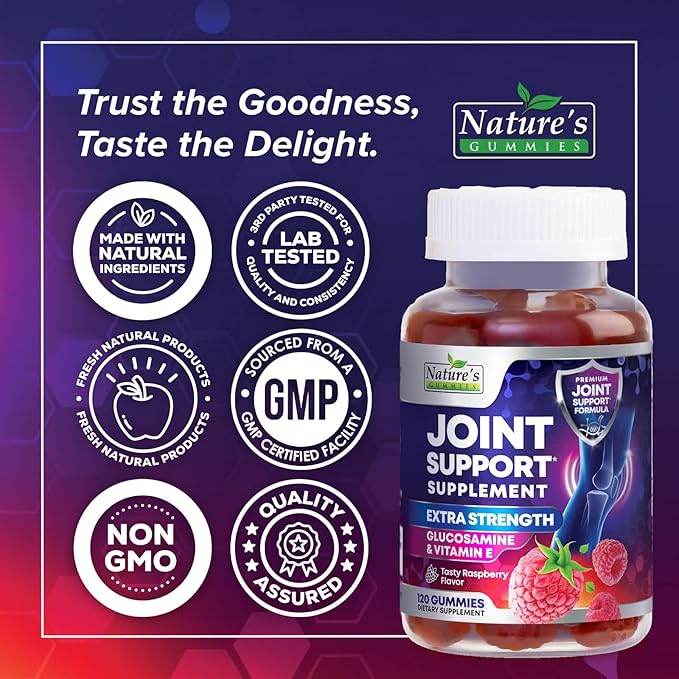 Joint Support Supplement - Extra Strength Glucosamine Joint Support Gummy - Joint Health Support & Flexibility for Back, Knees, & Hands - Vitamin E for Immune Support for Women & Men - 120 Gummies