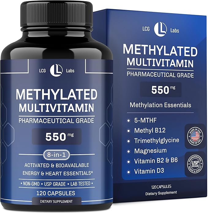 Methylated Multivitamin 550mg - Methylated B Complex, L-MTHF & B12 + TMG - for Men & Women - Methylation Support, Energy & Heart - Pharmaceutical Grade, Laboratory Tested - Made in USA - 120 Capsules