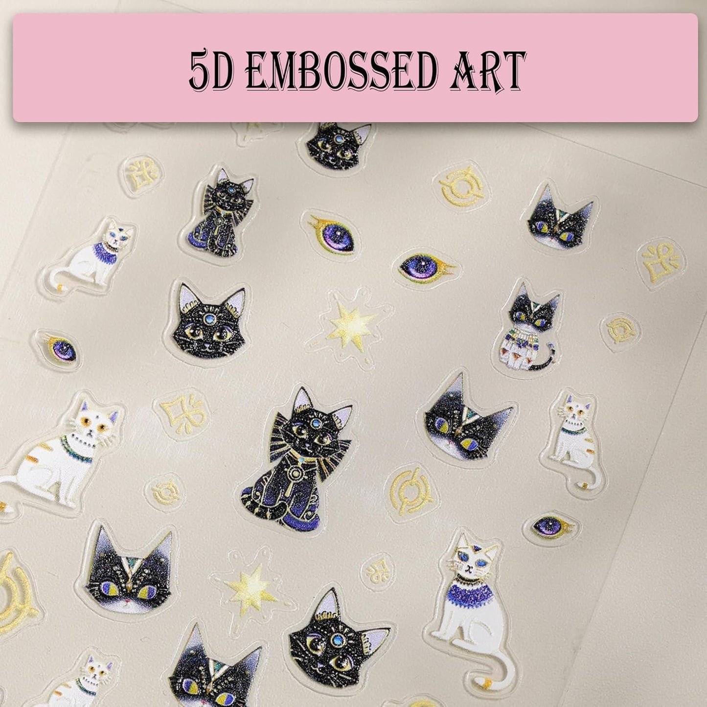 5D Egyptian Cat Nail Art Stickers, Embossed Nail Decals Supplies Self Adhesive Nails Sticker DIY Acrylic Nail Accessories - 2 Sheets