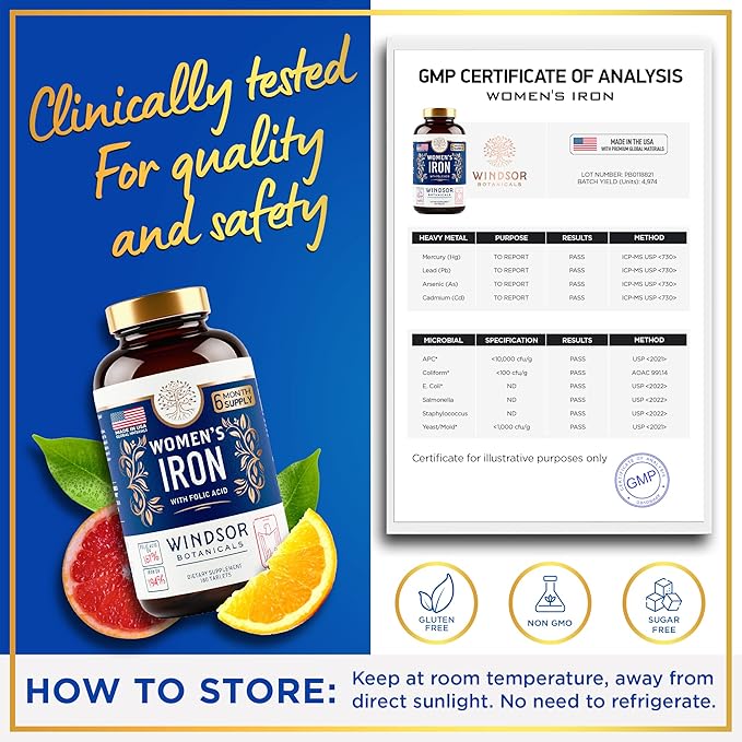 Iron Supplement for Women with Folic Acid - 35mg Gentle Iron, 667mcg Folate Vitamin B9 - Anemia, Period, Pregnancy Support Prenatal Iron Supplements Ferrous Sulfate Pills - 180 Vegan Iron Tablets