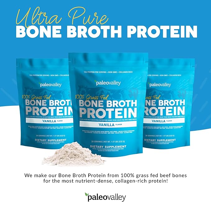 Paleovalley 100% Grass Fed Bone Broth Protein Powder - Vanilla - Rich in Collagen for Hair, Skin, Gut Health, Bone and Joint Support - 28 Servings