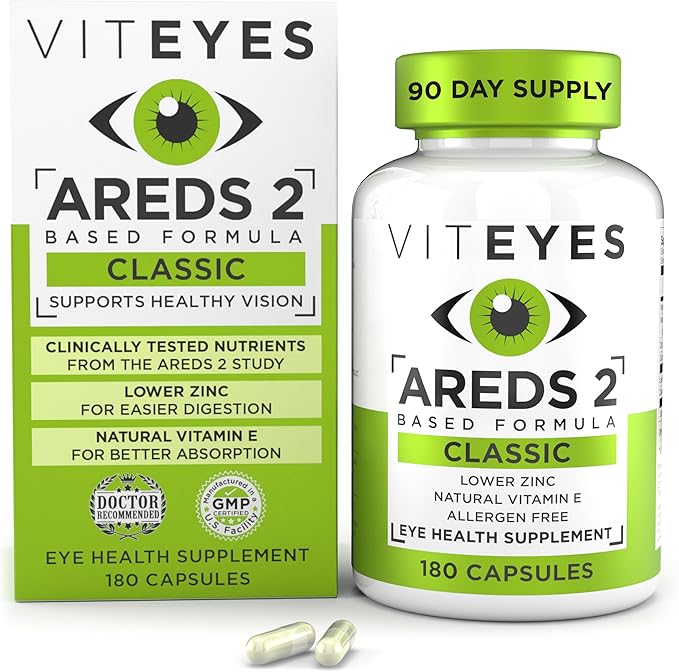 Viteyes AREDS 2 Eye Vitamins, Classic Macular Support, Allergen Free Capsules, with Natural Vitamin E, Vitamin C, Zinc, Copper, Lutein & Zeaxanthin, Eye Doctor Trusted, Manufactured in The USA, 180 Ct
