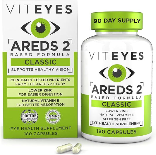 Viteyes AREDS 2 Eye Vitamins, Classic Macular Support, Allergen Free Capsules, with Natural Vitamin E, Vitamin C, Zinc, Copper, Lutein & Zeaxanthin, Eye Doctor Trusted, Manufactured in The USA, 180 Ct