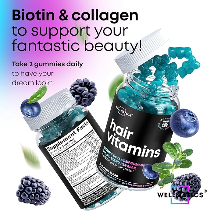 Biotin Gummies Hair Growth Vitamins with Collagen, Keratin, Vitamins B12 & D - Biotin 5000mcg Hair Vitamin Gummy - Hair Skin and Nails Gummies for Hair Growth & Hair Loss - For Women & Men - 60 Count