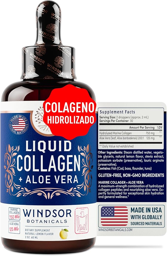 Colageno Hidrolizado para Mujer - Colágeno Líquido para Mujeres con Suplemento de Aloe Vera - 750MG Péptidos de Colágeno Marino 125mg Aloe Vera - Colágeno de Pescado Líquido - 60ml Gotas de Colágeno