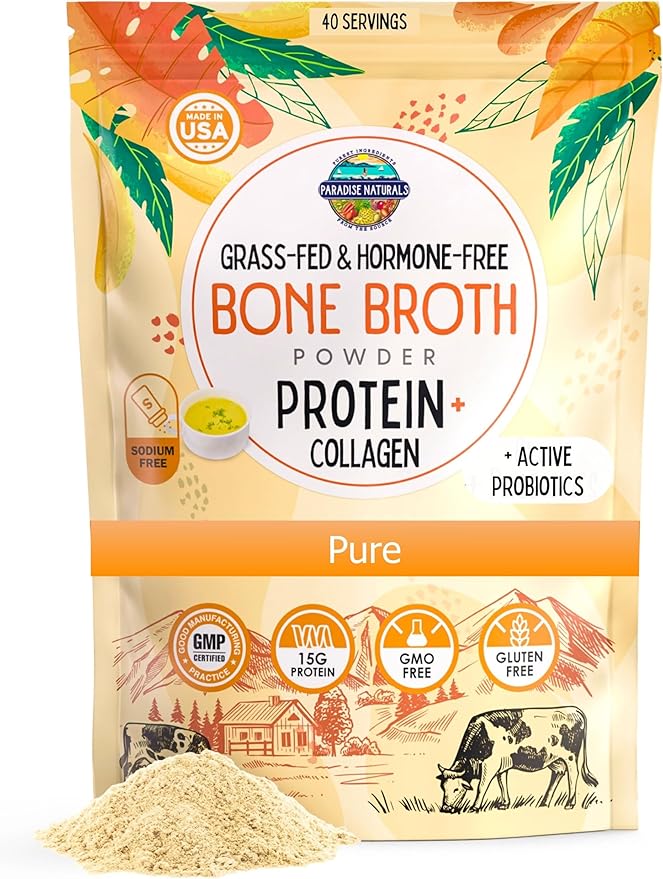 Organic Bone Broth Protein Collagen Powder, Unsalted, Quick-Dissolve, Grass-Fed Hormone Free, Gluten-Free, Paleo Keto Friendly 15g Protein, Active Probiotics, Joints, Gut Health