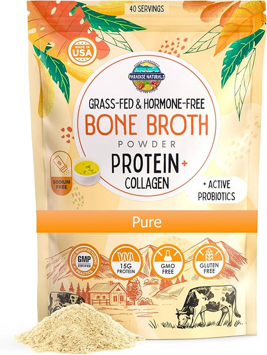 Organic Bone Broth Protein Collagen Powder, Unsalted, Quick-Dissolve, Grass-Fed Hormone Free, Gluten-Free, Paleo Keto Friendly 15g Protein, Active Probiotics, Joints, Gut Health