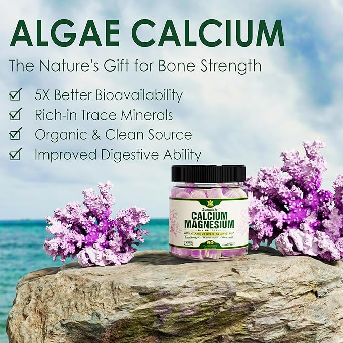 (2 Pack) Plant Based Calcium Supplement 600mg with Vitamin D3 K2, Zinc for Bone Strength, Sustainably Sourced Algae Calcium Magnesium 2:1 Ratio, Sugar Free Calcium Gummies 70+ Trace Minerals, Vegan