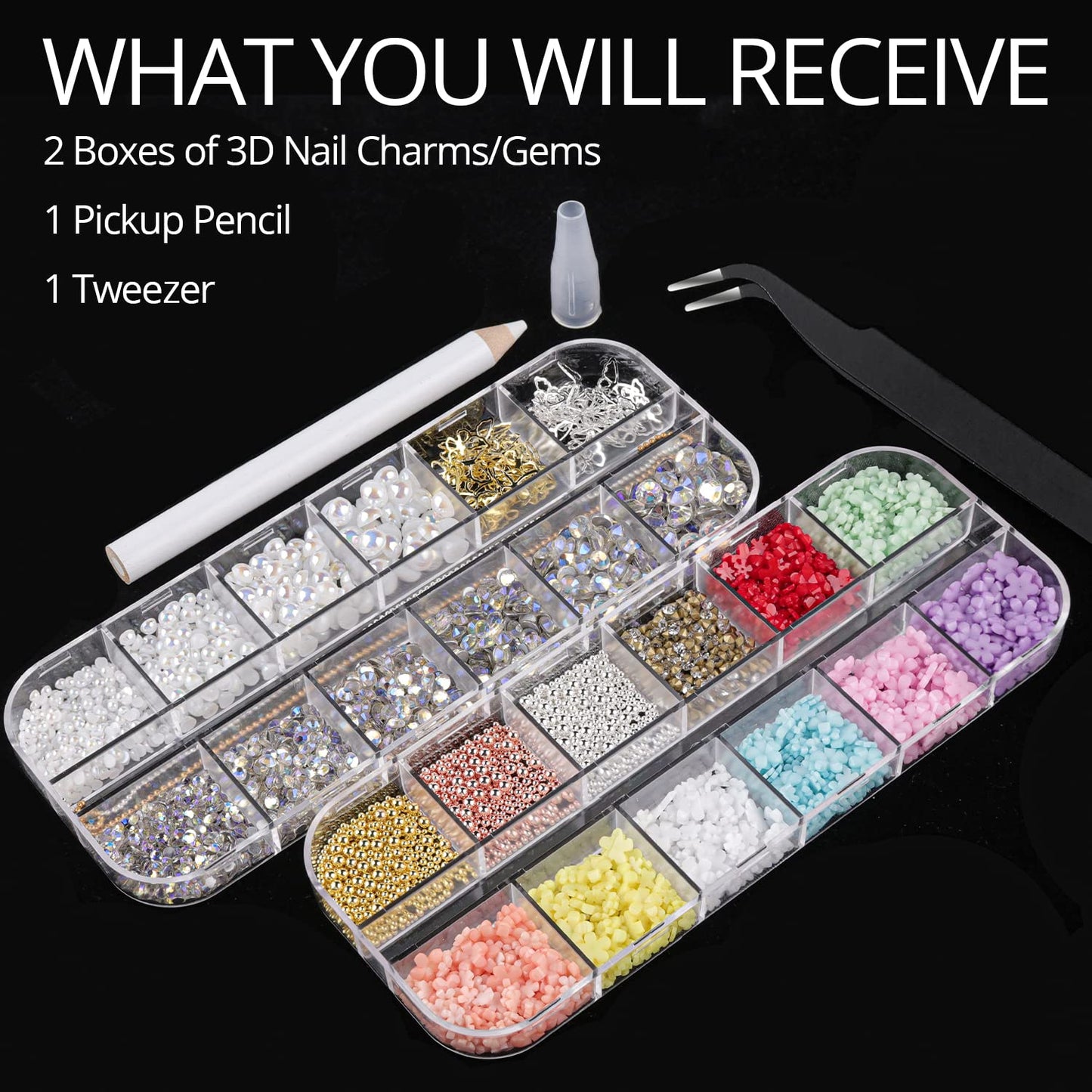 Mixed 3D Nail Art Gem Decoration Accessories Kit #10, Butterfly Starry AB Rhinestone Charm Jewelry for Deco, Pearl Flower Caviar Bead Stone Crystal with Pickup Pencil and Tweezer