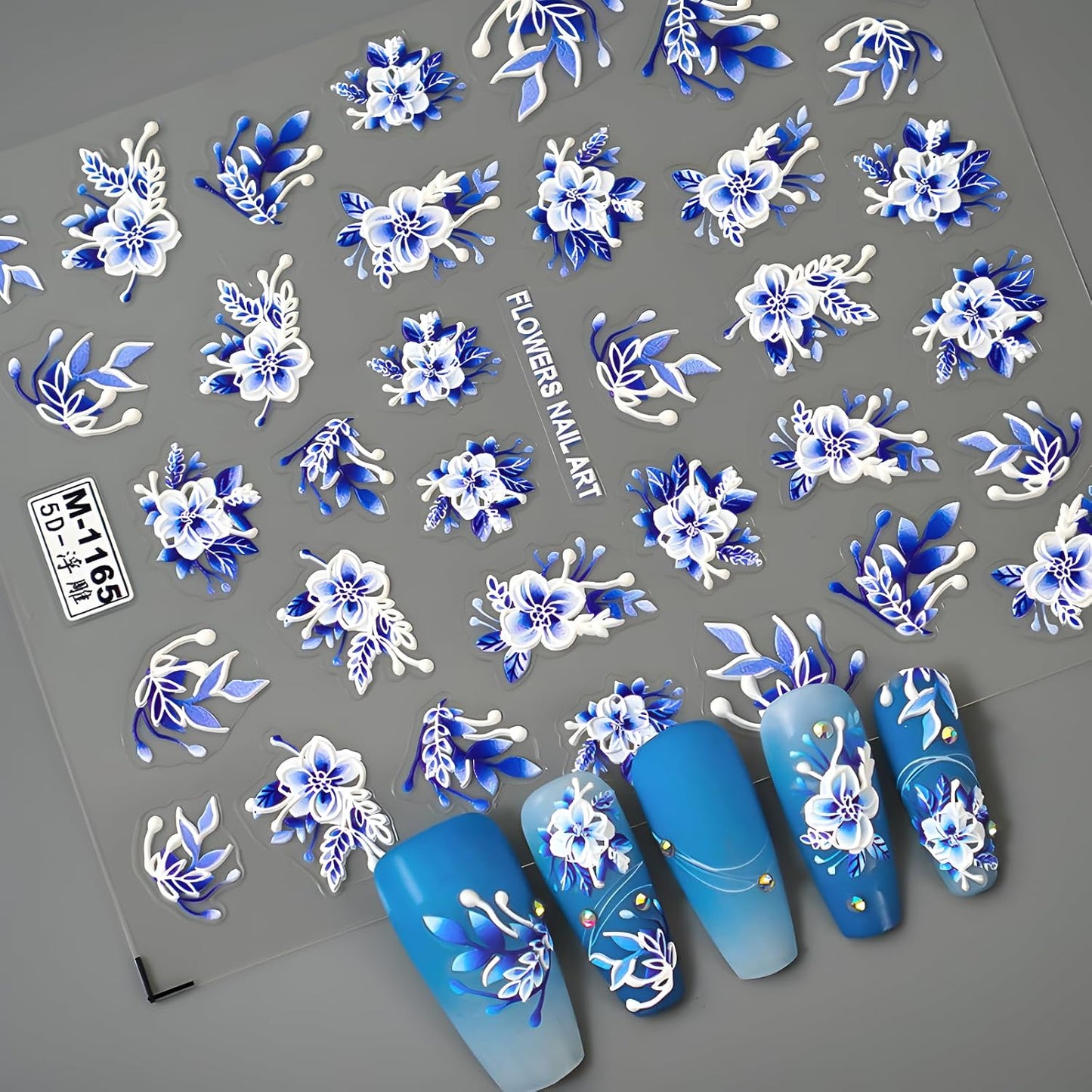 5D Embossed Flowers Nail Stickers for Nail Art Self Adhesive Blue White Flowers Nail Decals Spring Summer Nail Art Stickers Decoration Accessories for Women and Girls
