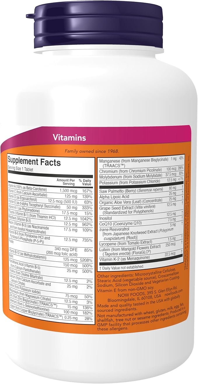 NOW Foods Supplements, ADAM™ Men's Multivitamin with Saw Palmetto, Lycopene, Alpha Lipoic Acid and CoQ10, Plus Natural Resveratrol & Grape Seed Extract, 120 Tablets