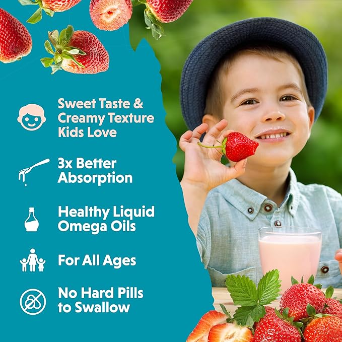 Barlean's Omega Pals Omega 3 for Kids, Yummy Straw-Nana Flavored Children's Liquid Flax Seed Oil Supplement with 1,483 mg ALA, Non-GMO, Vegan Brain & Eye Health, 8 oz