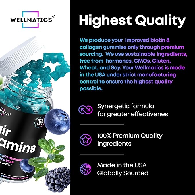 Biotin Gummies Hair Growth Vitamins with Collagen, Keratin, Vitamins B12 & D - Biotin 5000mcg Hair Vitamin Gummy - Hair Skin and Nails Gummies for Hair Growth & Hair Loss - For Women & Men - 60 Count