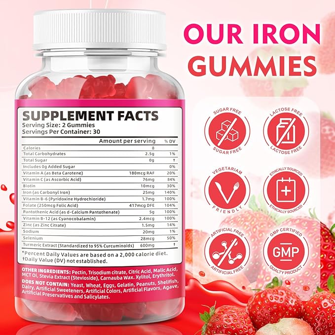 Vegan Iron Gummies for Adults & Kids - with Vitamin C, A, B-Complex, Folate, Zinc, and Biotin - for Blood Building & Energy Support, 60 Gummies