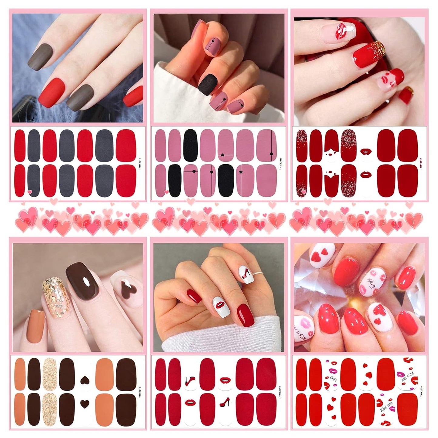 EBANKU 12 Sheets Valentine's Day Nail Wraps Red Heart Strips Valentine Lips Polish Stickers Decals Full Wraps for Women Girls Self-Adhesive With Nail Files