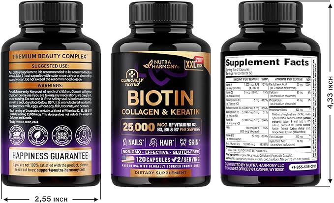 Biotin | Collagen | Keratin - Clinically Tested for Skin, Hair & Nail Support - 25,000 mcg per serving Vitamin B2, B3, B6 & B7 - Made in USA - Dietary Supplement | 120 Capsules, 2 Capsules / Serving