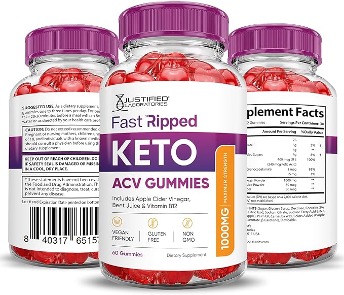 (2 Pack) Fast Ripped Keto ACV Gummies Advanced Formula 1000MG Fast Ripped Keto Gummies Apple Cider Vinegar Formulated with Pomegranate Beet Juice Powder B12 Vegan Non GMO 120 Gummys
