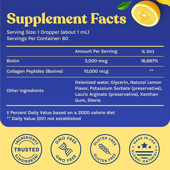 Concentrated Liquid Collagen Peptides Supplement - Hair, Skin, Nail, Joints Support - Sublingual Drops by WINDSOR BOTANICALS - 10,000mcg Collagen, 5,000mcg Biotin - Lemon Flavor - 2-Month - 2 oz