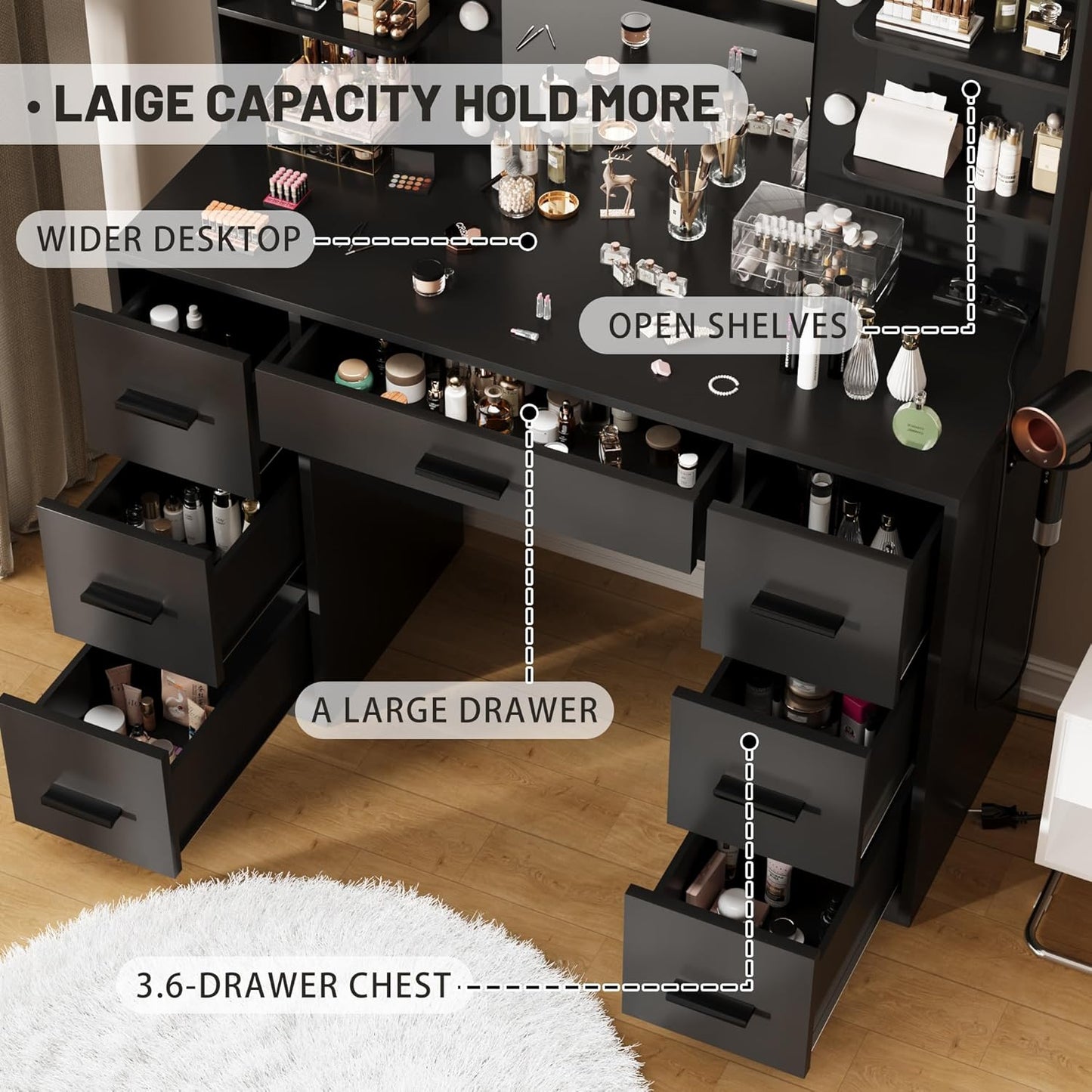 Furmax Vanity Desk with Mirror, LED Lights and Power Outlet Makeup Vanity Table with 7 Drawers and 6 Storage Shelves Dressing Table for Bedroom Dressing Room (Black)