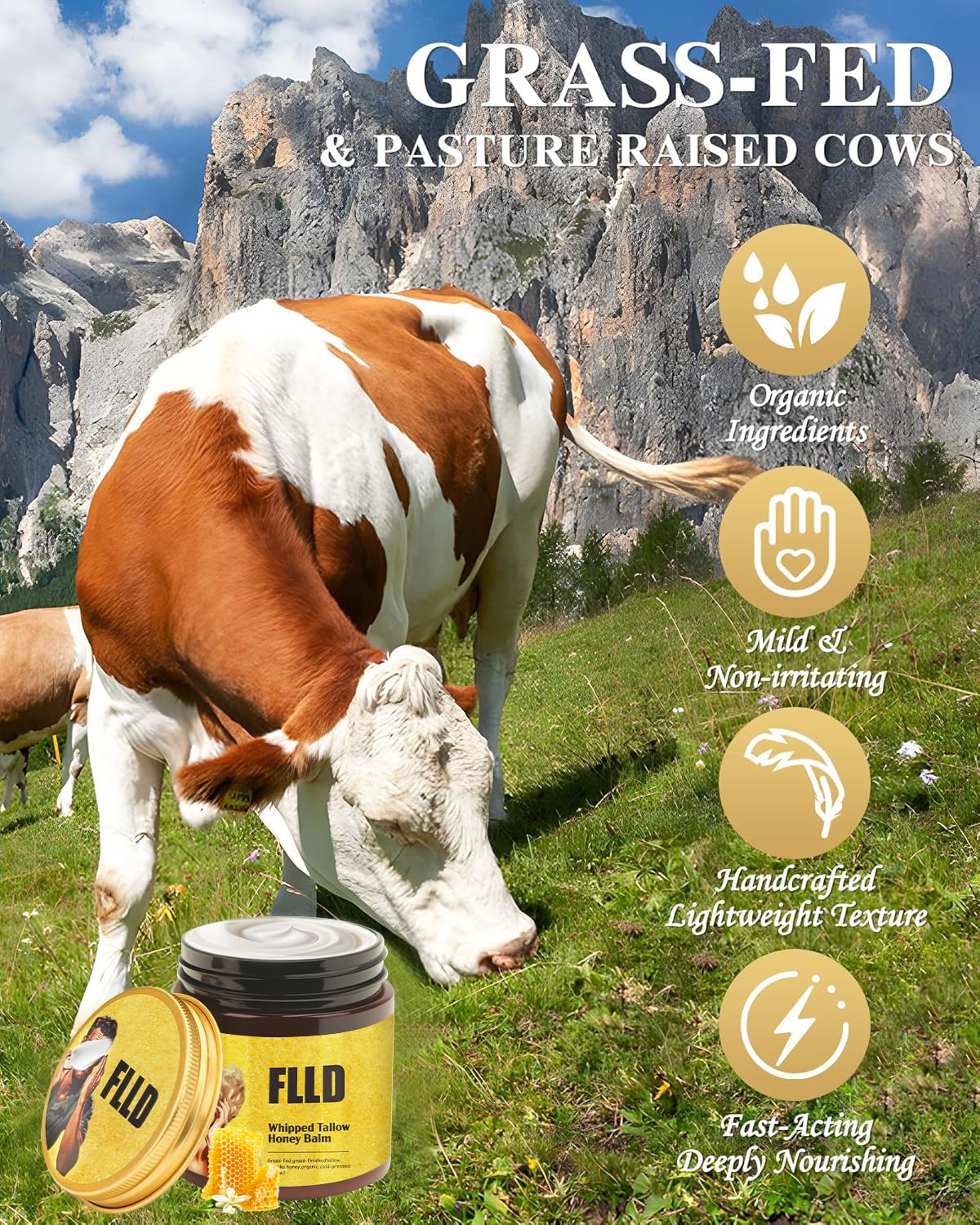 Organic Grass Fed Whipped Tallow and Honey Balm 4oz - Facial Cream, Lip Moisturizer, Body Balm