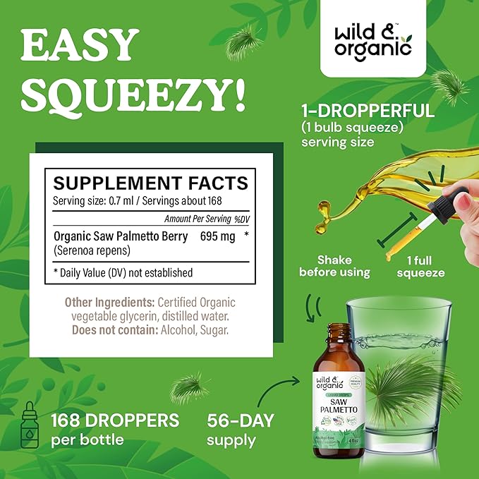 Wild & Organic Saw Palmetto Tincture - Saw Palmetto Liquid Extract Supplement for Men & Women - Saw Palmetto Powder Based Drops - Vegan, Alcohol Free - 4 fl oz