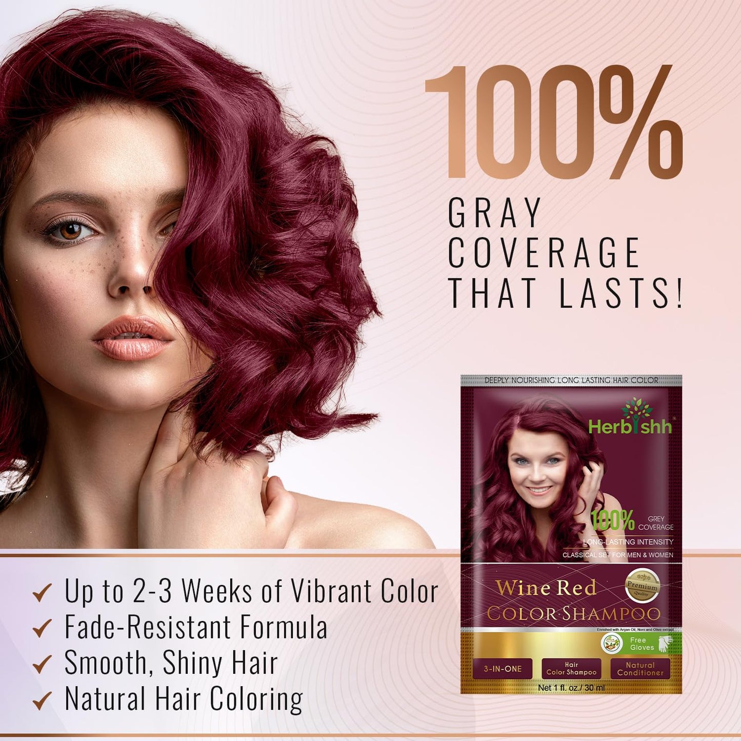 Herbishh Hair Color Shampoo – Natural Dye for Gray Hair, with Argan Mask, Travel Size, Long-Lasting Tint in Minutes, 10+1 Pack, Ammonia-Free (Wine Red)