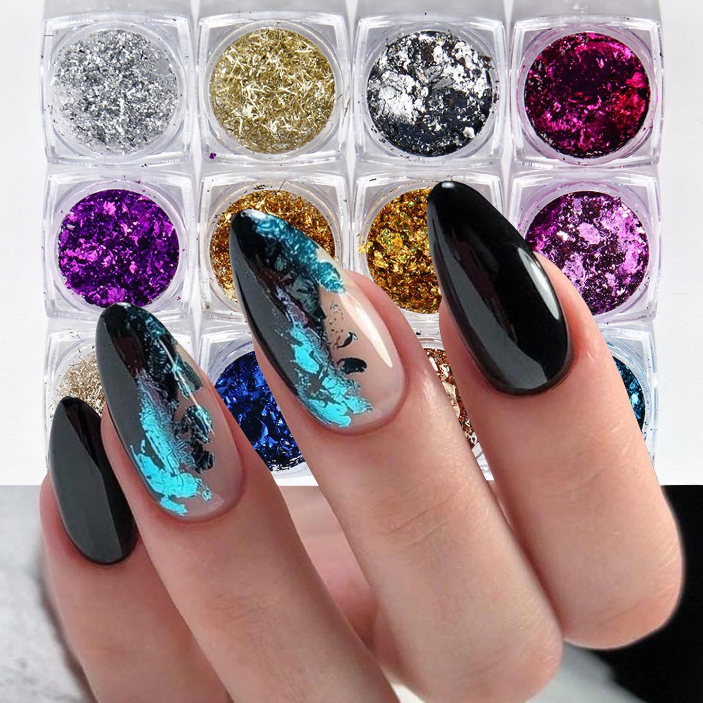 Holographic Nail Glitter Foils for Kit,12 Colors Sparkly Ultra-Thin Aluminum Foil Nail Art Flakes Design, Shiny Irregular Gold Sliver Foil Nail Sequins for Women DIY Manicure Tips Charms Decorations
