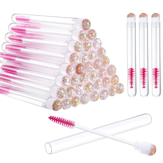 80 Pieces Disposable Mascara Brushes Tubes Set, 40 Pieces Empty Mascara Wand Tube with 40 Pieces Eyelash Brush Makeup Tool for Eyelash Extension(Pink Gold Sequins Style)