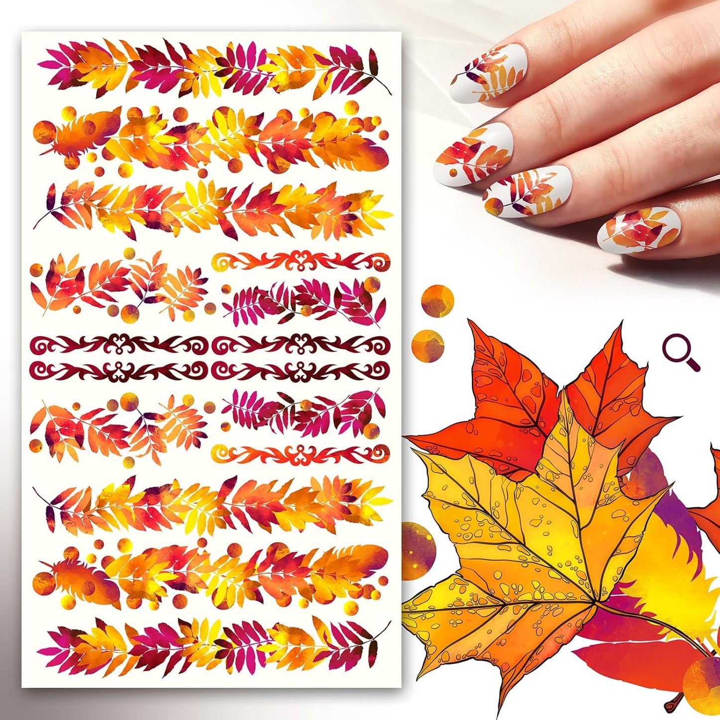 Nail Stickers Decals (5 Sheets) FLONZNAIL Autumn Bright Leaves Branches Pattern Strips Vintage Illustration Nail Décor
