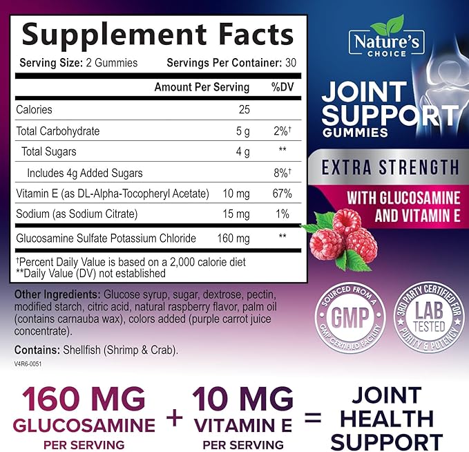 Joint Support Gummies Extra Strength Glucosamine Gummy Supplement with Vitamin E - Naturally Assists Cartilage & Joint Health & Flexibility Support - Best Support Chew for Men and Women - 60 Gummies
