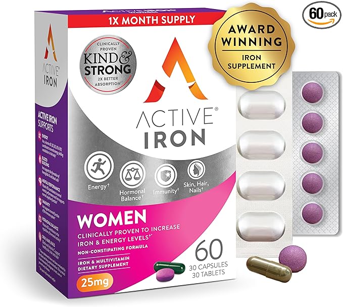Active Iron for Women, Non-Constipating, 30 Active Iron High Potency Capsules with 30 Multivitamin Tablets, Helps Strengthen Your Immune System