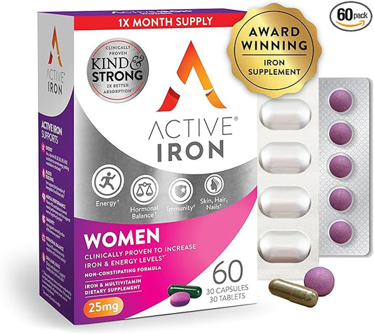 Active Iron for Women, Non-Constipating, 30 Active Iron High Potency Capsules with 30 Multivitamin Tablets, Helps Strengthen Your Immune System