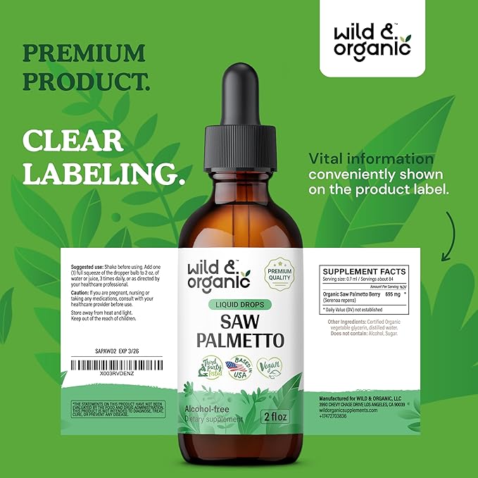 Wild & Organic Saw Palmetto Liquid Drops - Urinary Health w/Saw Palmetto for Men - Alcohol-Free Liquid Saw Palmetto for Urinary Support - Pure Saw Palmetto Supplement - Serenoa Repens - 2 oz