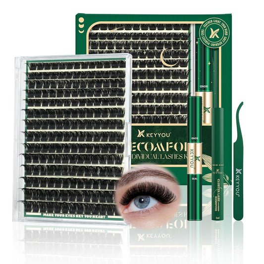 KEYYOU DIY Lash Extension Kit 182pcs Soft Lash Clusters 200D Curl Easy to Apply with Lash Bond and Seal Lash Applicator Lash Remover Eyelash Extension Kit at Home(RMkit-200D-D-10-18mix)
