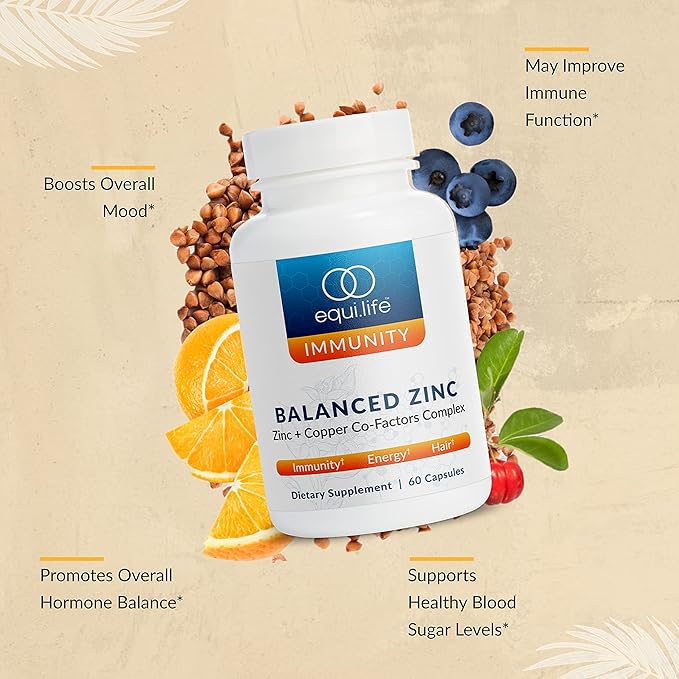 EquiLife - Balanced Zinc, Immune Support Supplement, Rich in Antioxidant, Zinc Copper Supplement, Source of Vitamin C, & Vitamin B6, Promotes Energy & Mood Support, Vegan, Non-GMO (60 Capsules)