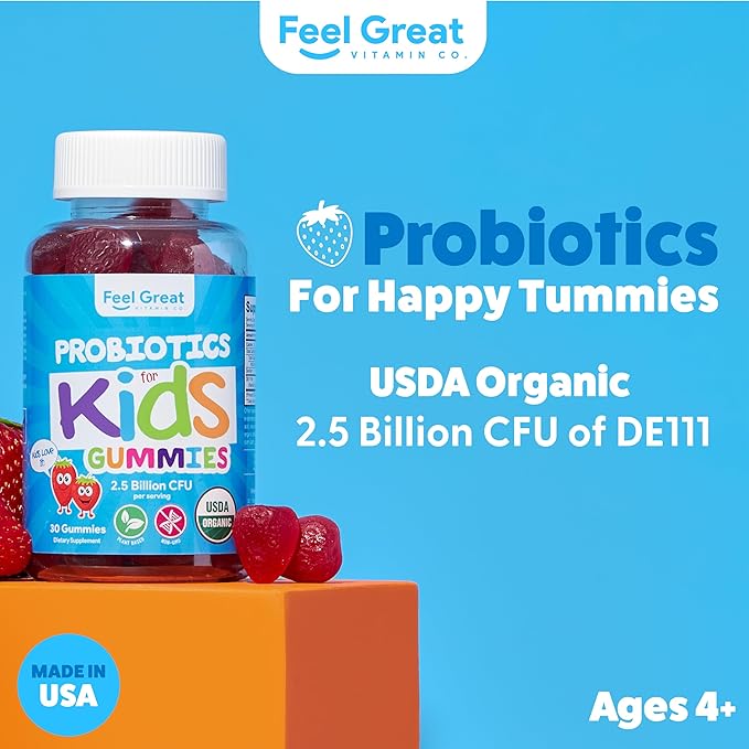 Feel Great USDA Organic Kids Probiotics Gummies | Chewable Strawberry Probiotics for Digestive Health & Immune Support | Plant Based Probiotic & Prebiotic for Kids | 30 Count