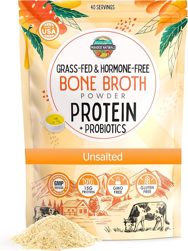 Organic Bone Broth Protein Collagen Powder, Unsalted, Quick-Dissolve, Grass-Fed Hormone Free, Gluten-Free, Paleo Keto Friendly 15g Protein, Active Probiotics, Joints, Gut Health