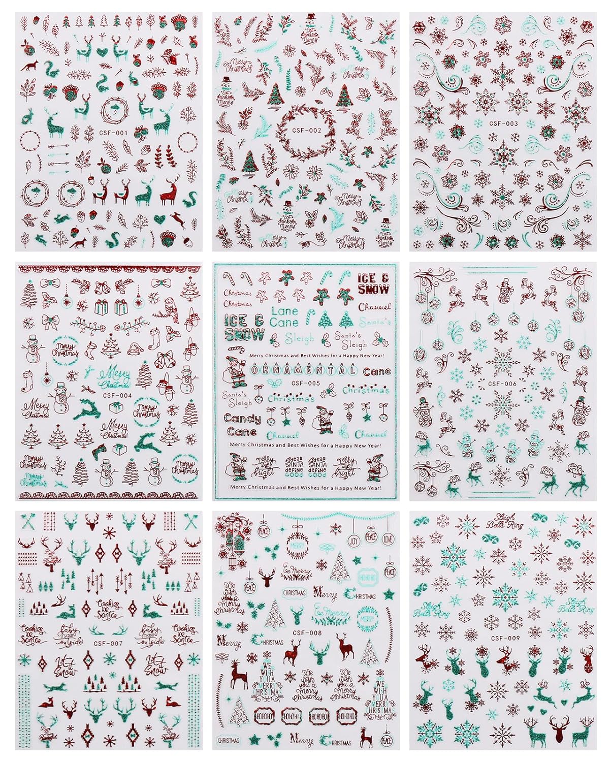 JMEOWIO 9 Sheets Christmas Glitter Nail Art Stickers Decals Self-Adhesive Green Red Snowflake Winter Holiday Nail Supplies Nail Art Design Decoration Accessories