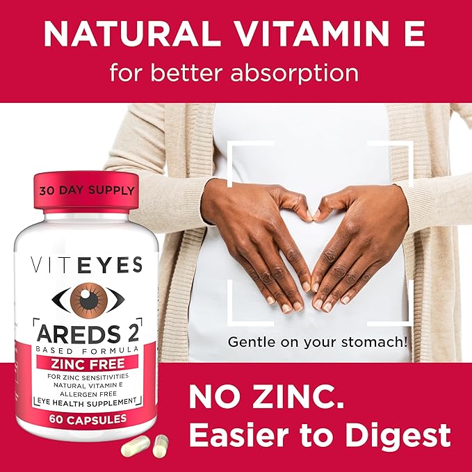 Viteyes AREDS 2 Zinc Free Macular Support, Natural Allergen Free Capsules with Vitamin E, Vitamin C, Lutein & Zeaxanthin, No Zinc, No Copper, Eye Doctor Trusted, Manufactured in The USA, 60 Ct
