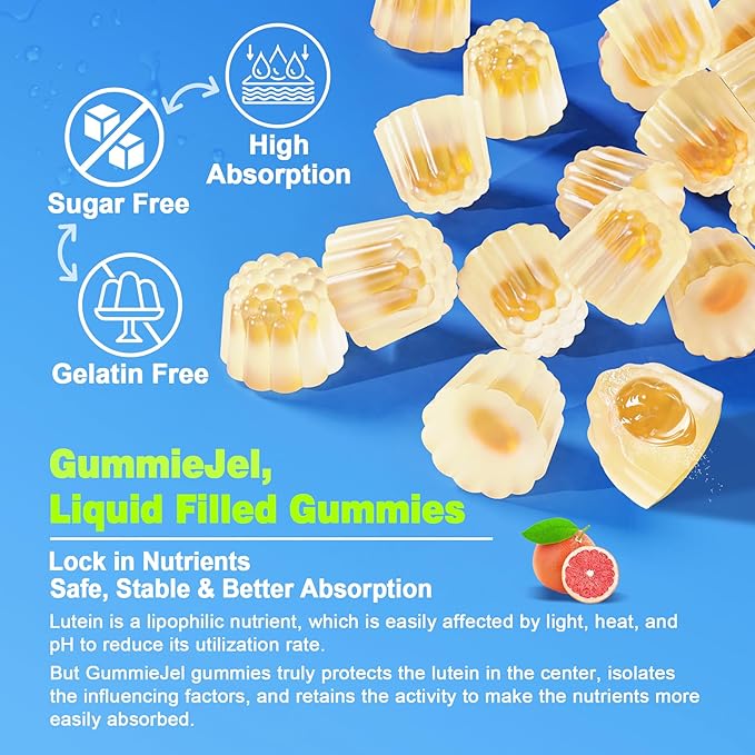 Sugar Free Lutein 20mg 40mg and Zeaxanthin Gummies for Eyes with EPA 190mg & DHA 80mg, Eye Vitamins Filled Gummies Plus Bilberry, Goji Berry & Saffron, Eye Health Supplements for Adults - Vegan, 60Cts