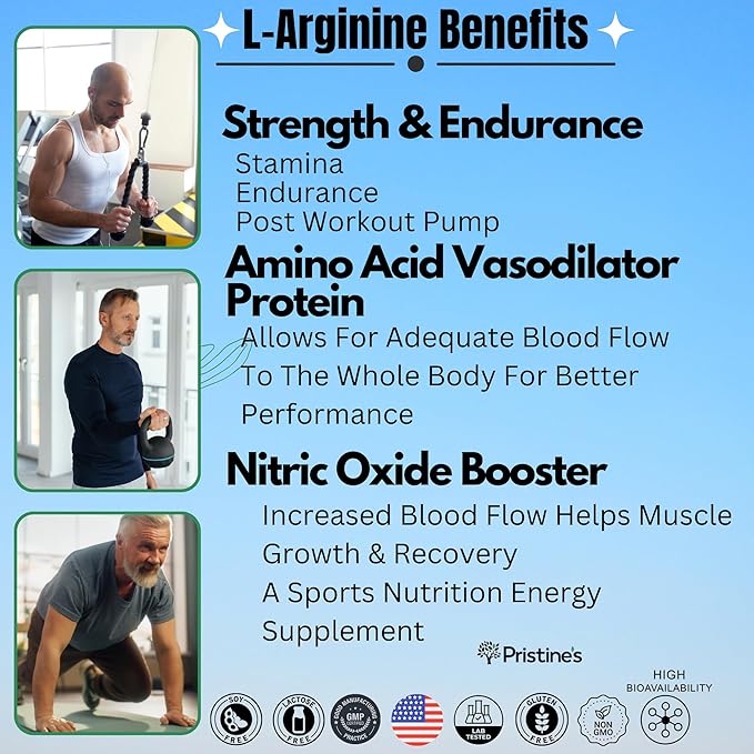 PRISTINE'S L Arginine Supplements for Men & Women - 1000mg Capsules 90 Day Supply Blood Flow & Pre Workout Amino Acid Support