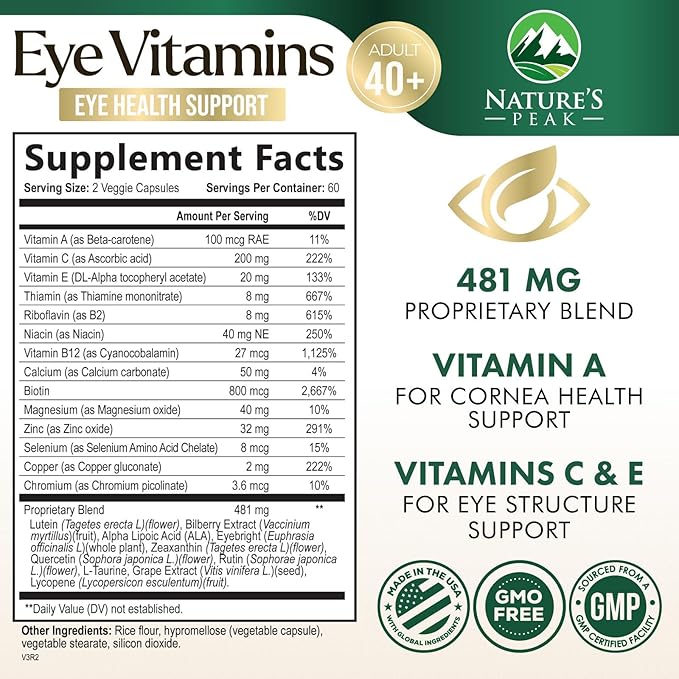 Eye Vitamin & Mineral Supplement, Contains Zinc, Vitamins C, E, Lutein, & Zeaxanthin, Supports Eye Strain, Vision Health for Adults, Non-GMO, Vegan Eye Vitamins Supplement - 120 Capsules
