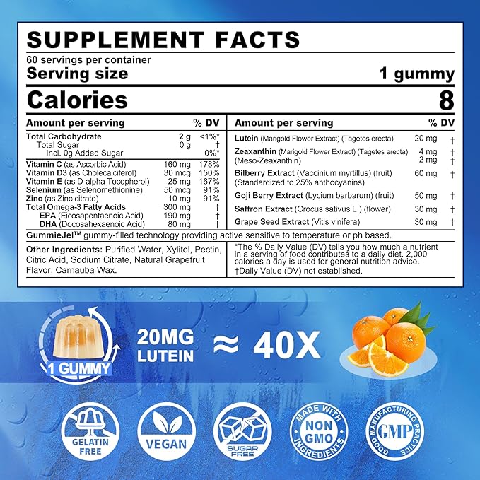 Sugar Free Lutein 20mg 40mg and Zeaxanthin Gummies for Eyes with EPA 190mg & DHA 80mg, Eye Vitamins Filled Gummies Plus Bilberry, Goji Berry & Saffron, Eye Health Supplements for Adults - Vegan, 60Cts