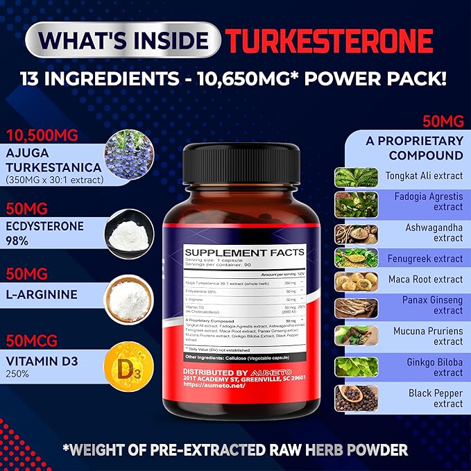Turkesterone Supplement - Enhanced with L-Arginine, Tongkat Ali, Ginseng, Maca Root, Vitamin D3 - Energy, Endurace & Male Vitality Support (90 Count (Pack of 1))