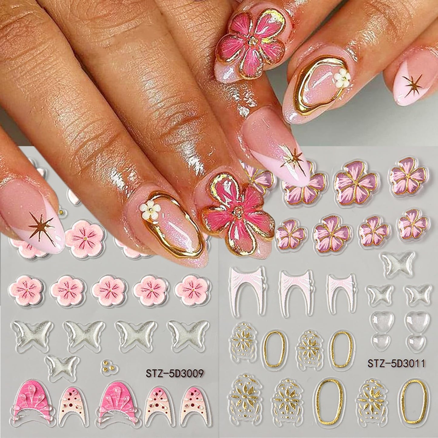 6 Sheets Flower Nail Art Stickers 5D Self-Adhesive Nails Sticker Floral Butterfly Nail Art Decals Holographic Decal Decoration for Women Golden Bow Manicure Stickers DIY Nail Sticker Supplies
