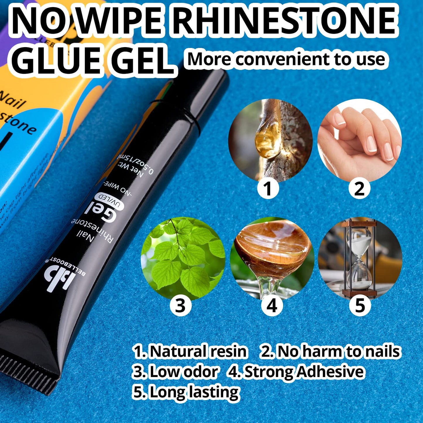 Nail Art Rhinestone Glue Gel&1 Box Flatback Gems Kit, 1 Tube of 15ml Rhinestone Gel Glue(UV/LED Needed)+Round Glass Crystal Clear Gemstones with Pickup Tools