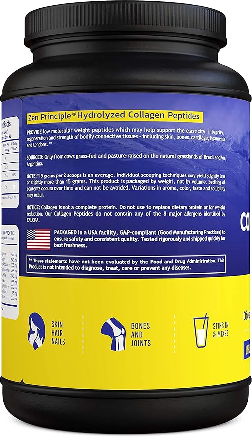 Zen Principle Grass-Fed Collagen Peptides 3 lb. Custom Anti-Aging Hydrolyzed Protein Powder for Healthy Hair, Skin, Joints & Nails. Paleo and Keto Friendly, GMO and Gluten Free, Pasture-Raised Bovine.