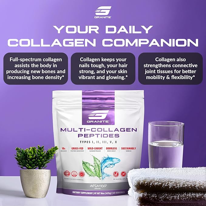 Granite Supplements Collagen Peptides Powder - Hair Skin and Nails Vitamins with Type I, II, III, V, X Hydrolyzed Collagen Peptides for Nail Growth, Bone, Joint Support Supplement for Mobility, 16oz
