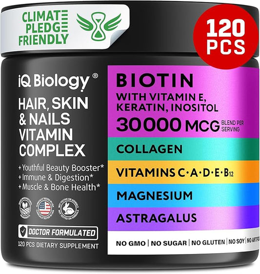 Biotin Supplement for Hair Growth - Biotin Vitamins & Keratin for Hair Loss & Thinning Hair - Hair Skin and Nails Vitamins for Women & Men - Healthy Hair Regrowth, Skin Glow & Nail Repair - 120 pcs